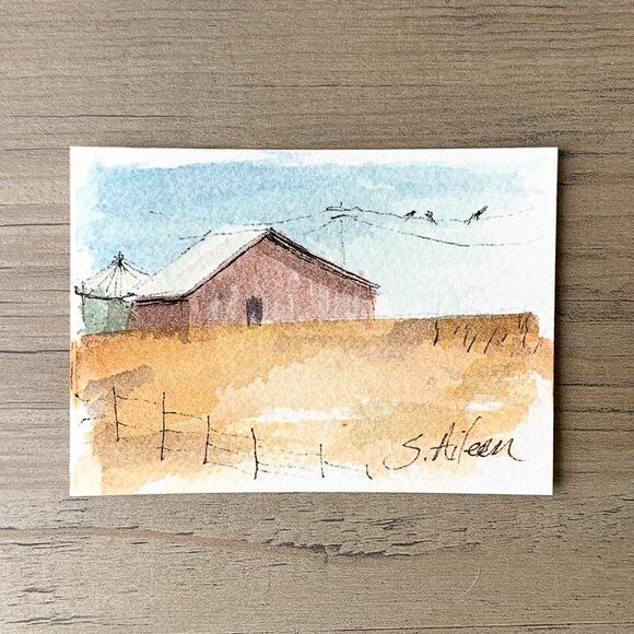 ACEO Landscape Painting Watercolor Ink Red Barn in Yellow Field Birds II Signed - Picture 2 of 2